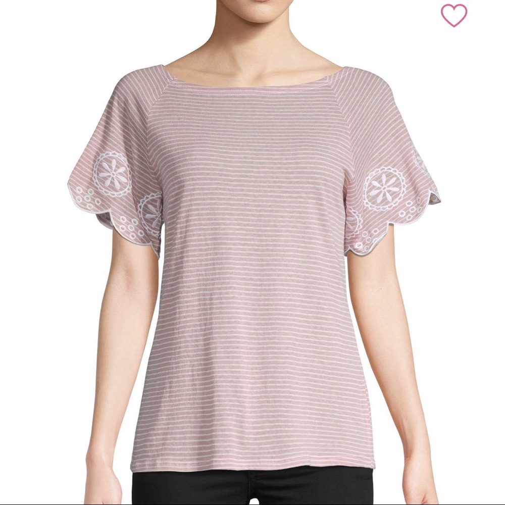 Solutions! Embroidered striped short sleeve top
